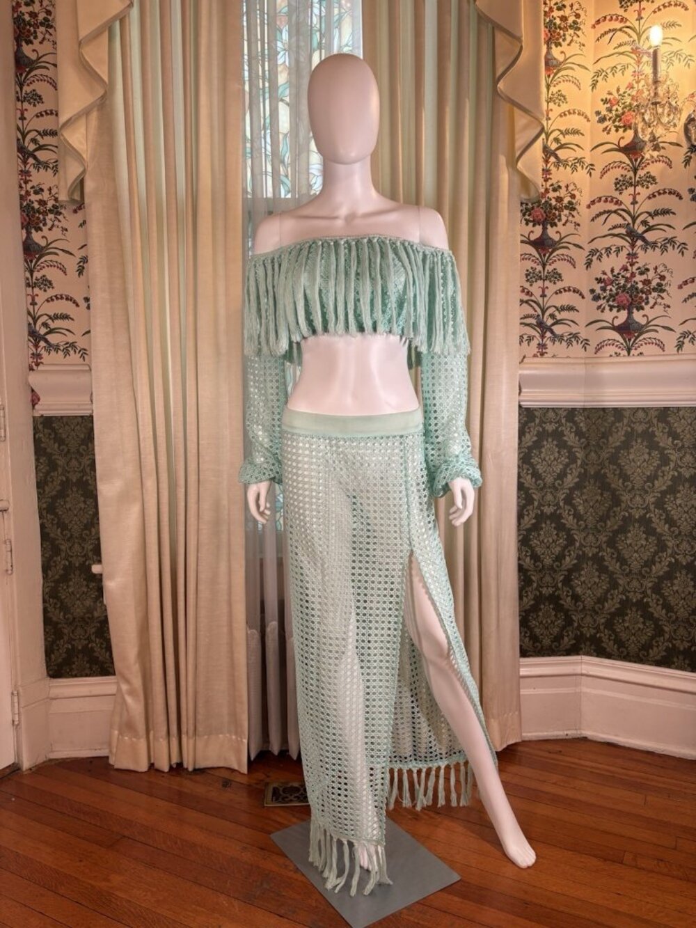 Aqua Seafoam Tassel Fringe Crochet Off Shoulder Crop Top Maxi Skirt Set S